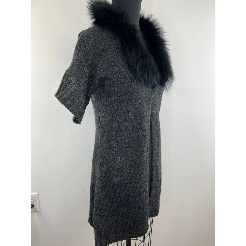 Sisters Dark Gray Wool Blend Fur Trim Short Sleeve Cardigan Sweater S Small